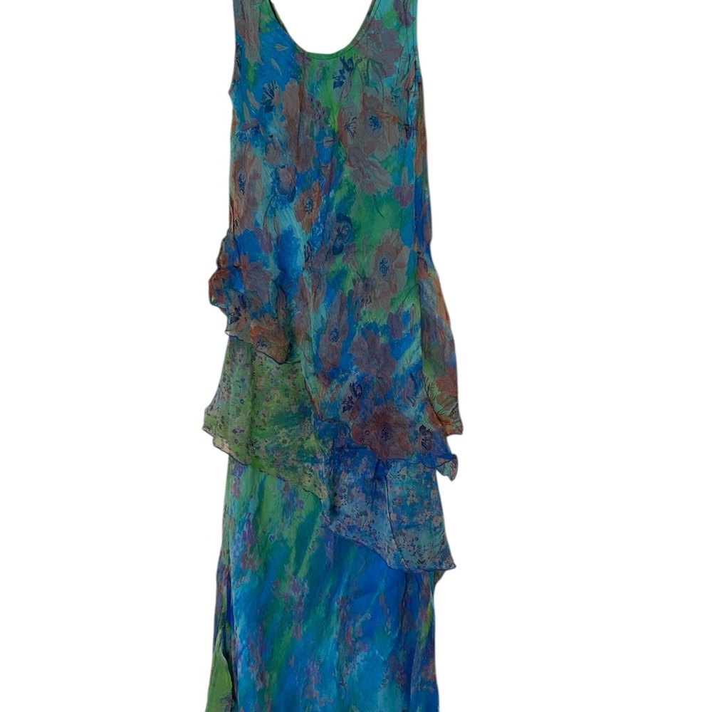 Asymmetrical Floral Dress in Blue and Green